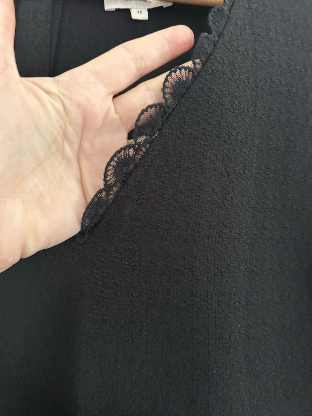 Sezane Marina Black Lace-Trim V-Neck 3/4 Sleeves Blouse Size 40 - Picture 5 of 9